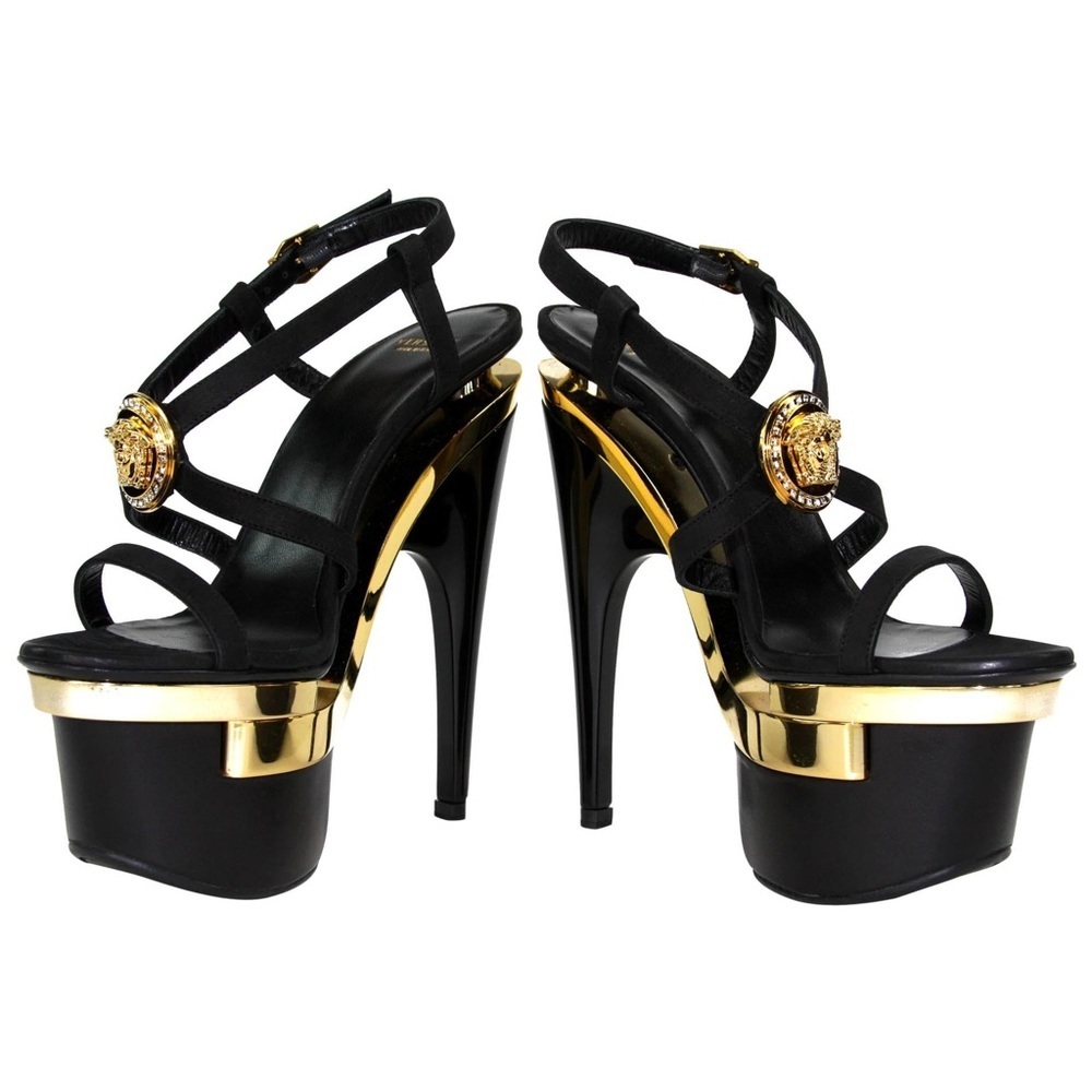 VERSACE Triple Platform Black Gold Medusa Swarovski Crystals Sandals Heels bling